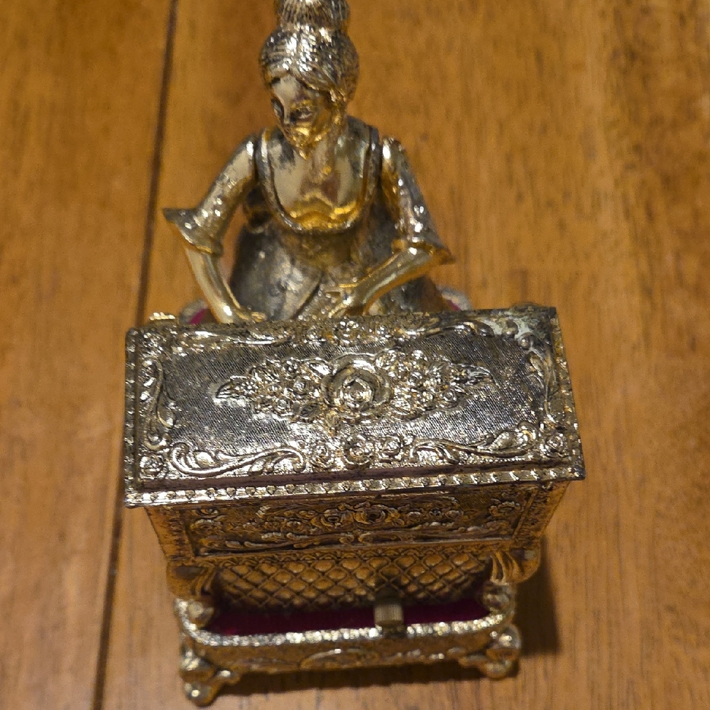 Vintage Gold Musical Jewelry Box with Figurine